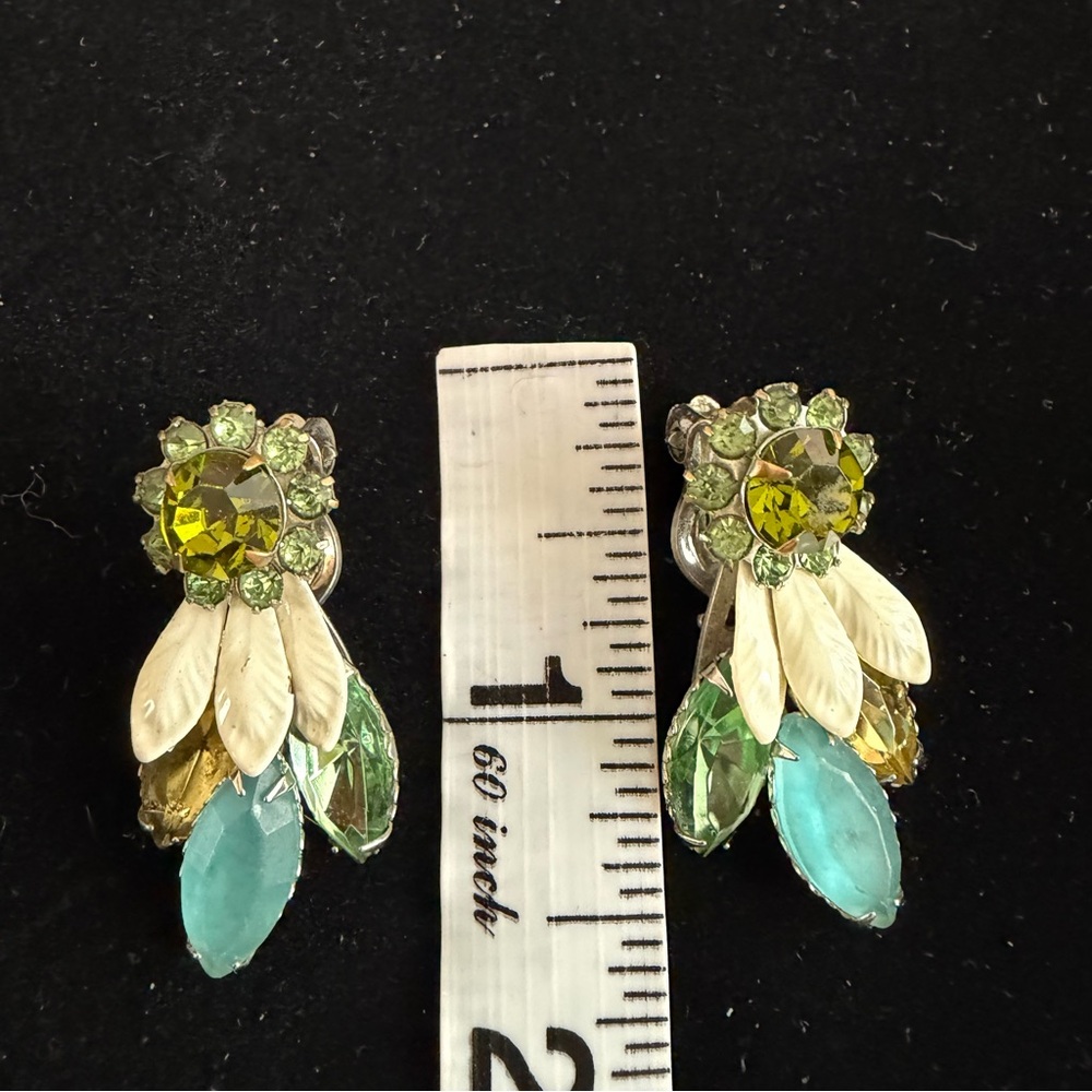 Vintage MCM Enamel Earrings Green Rhinestone Clip On Floral Cascade - Picture 2 of 5